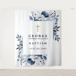 Navy Blue Botanical Baptism Photo Backdrop Tapestry