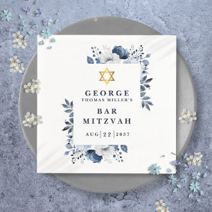 Navy Blue Botanical Bar Mitzvah Bat Mitzvah Napkin