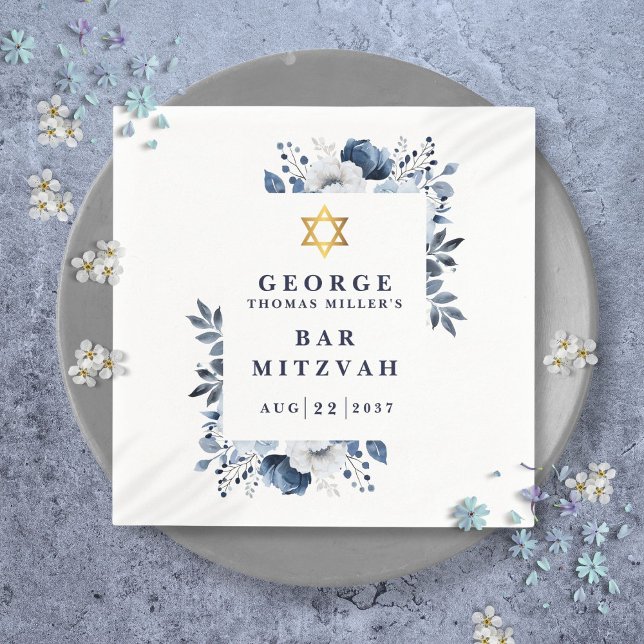 Navy Blue Botanical Bar Mitzvah Bat Mitzvah Napkin (Navy Blue Botanical Bar Mitzvah Bat Mitzvah Napkins)