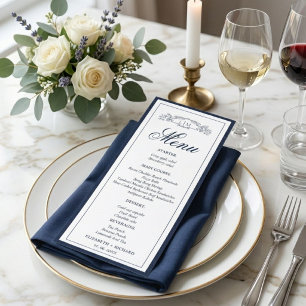 Navy Blue botanical crest monogram wedding Menu