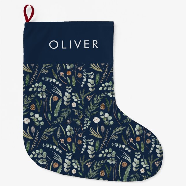 Navy blue botanical elegant modern family gift large christmas stocking (Front)
