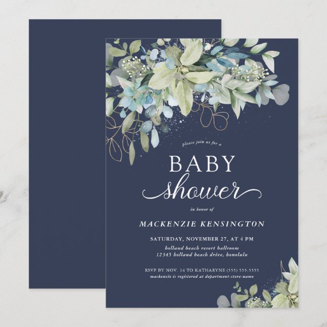Navy Blue Botanical Eucalyptus Baby Shower Invitation (Front/Back)