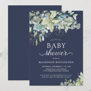 Navy Blue Botanical Eucalyptus Baby Shower Invitation