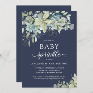 Navy Blue Botanical Eucalyptus Baby Sprinkle  Invitation