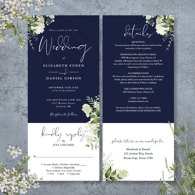 Navy Blue Botanical Floral All In One Wedding  Invitation (Navy Blue Botanical Floral All In One Wedding Invitation)