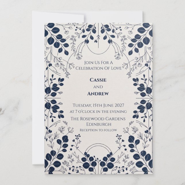Navy Blue Botanical Floral Wedding Invitation (Front)