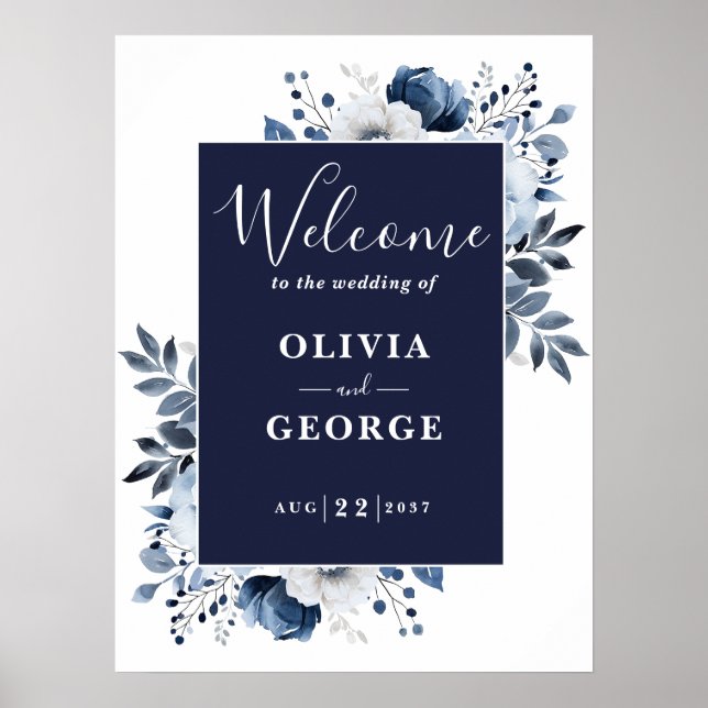 Navy Blue Botanical Floral Wedding Welcome Sign (Front)