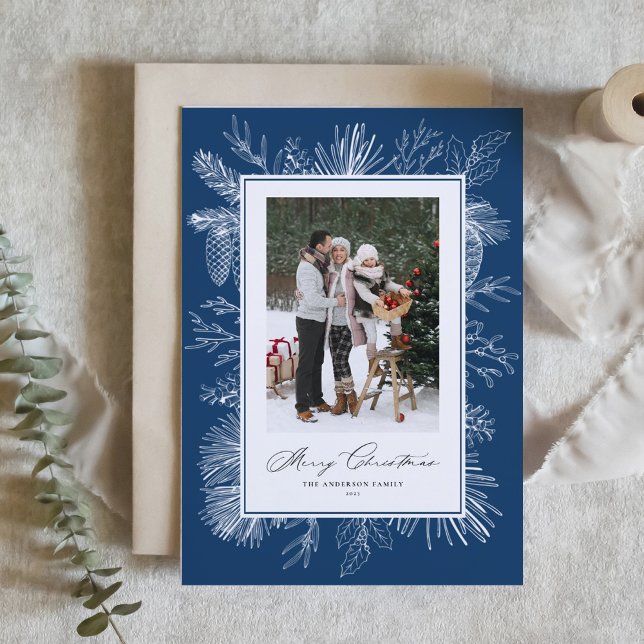 Navy Blue Botanical Frame Photo Christmas Holiday Card (Creator Uploaded)