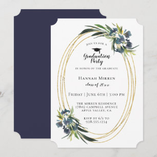 Navy Blue Botanical Graduation Party Invitation