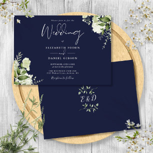 Navy Blue Botanical Greenery Monogram Wedding  Invitation