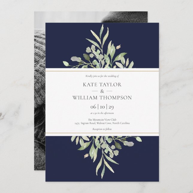 Navy Blue Botanical Greenery Wedding Photo Invitation (Front/Back)