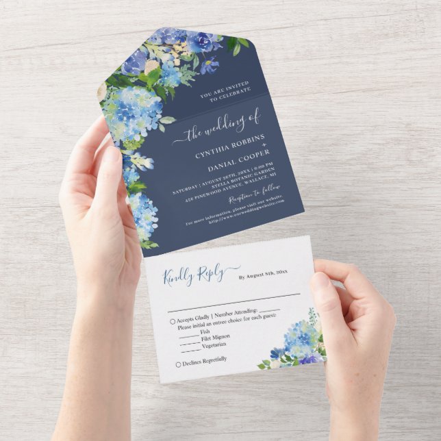 Navy Blue Botanical Hydrangea Flowers Wedding All In One Invitation (Tearaway)