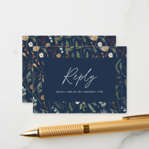 Navy blue botanical minimal elegant wedding reply enclosure card