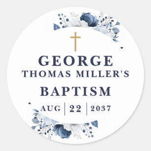 Navy Blue Botanical Modern Baptism Classic Round Sticker