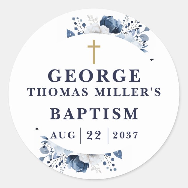 Navy Blue Botanical Modern Baptism Classic Round Sticker (Front)
