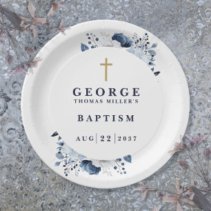 Navy Blue Botanical Modern Baptism Paper Plate