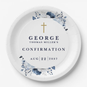 Navy Blue Botanical Modern Confirmation Paper Plate
