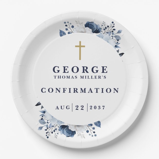 Navy Blue Botanical Modern Confirmation Paper Plate (Front)