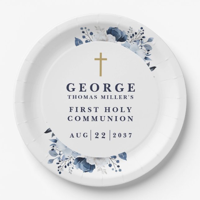 Navy Blue Botanical Modern First Holy Communion Paper Plate (Front)