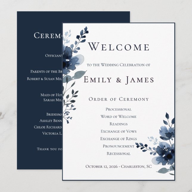 Navy Blue Botanical Wedding Programme (Front/Back)