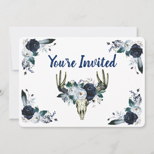 Navy Blue Bouquet With Skull 5" x 7" Invitations (Front)