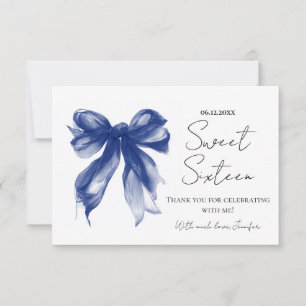 Navy Blue Bow Coquette Script Sweet 16 Thank You  Card