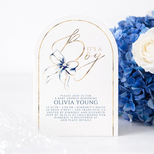 Navy Blue Bow Elegant Modern Baby Shower Boy Invitation (Navy Blue Bow Baby Shower Arch Invitation)