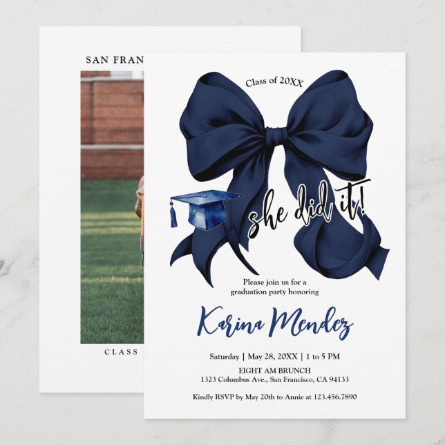 Navy Blue Bow Grad Party Invitation (Front/Back)