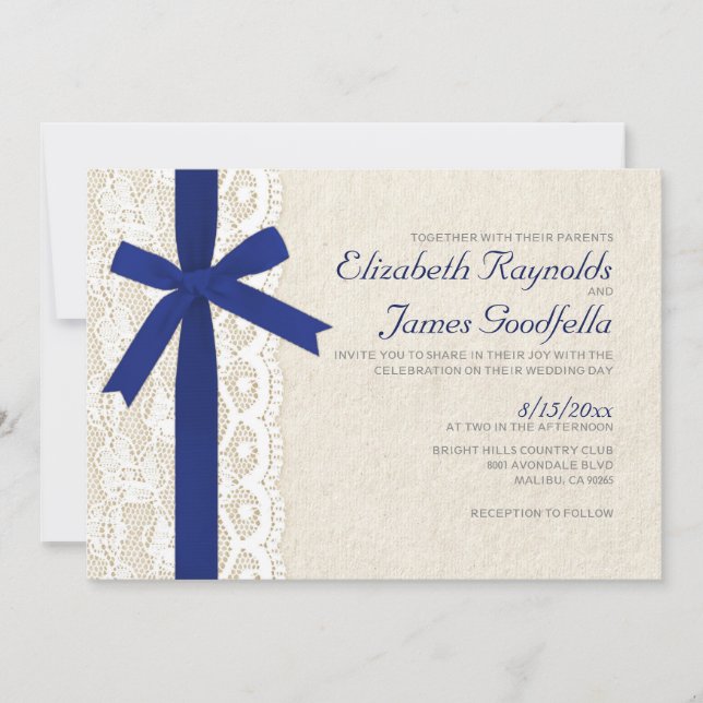 Navy Blue Bow & Lace Wedding Invitations (Front)
