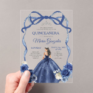 Navy Blue Bow Princess Silver Crown Quinceañera Acrylic Invitations