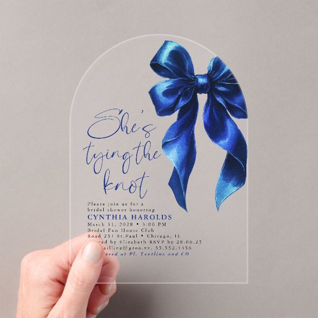 Navy Blue Bow She's Tying the Knot Bridal Shower Acrylic Invitations (Insitu (Handheld))