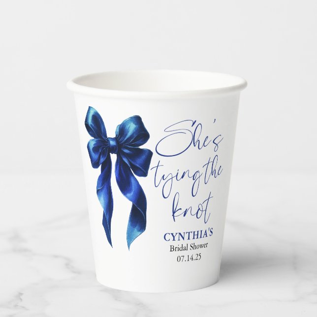 Navy Blue Bow She's Tying the Knot Bridal Shower Paper Cups (Front)
