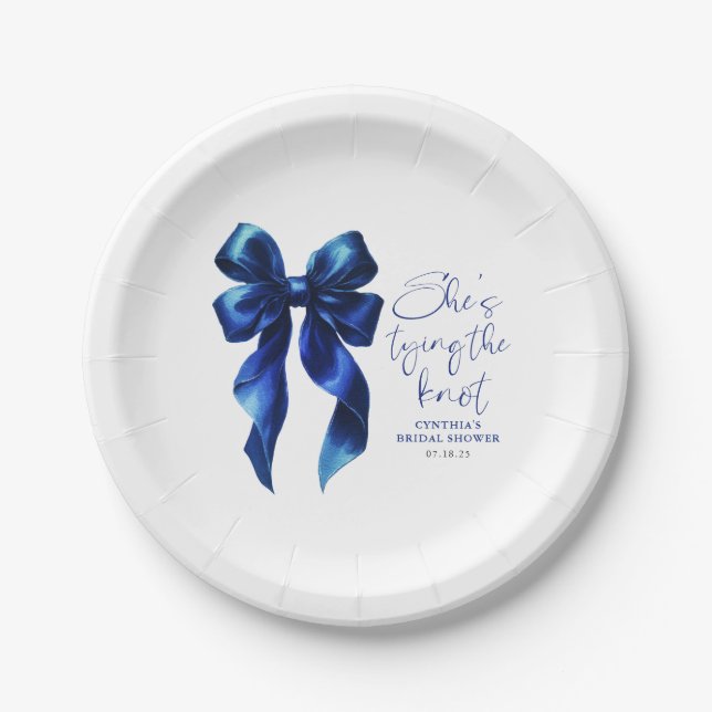 Navy Blue Bow She's Tying the Knot Bridal Shower Paper Plate (Front)