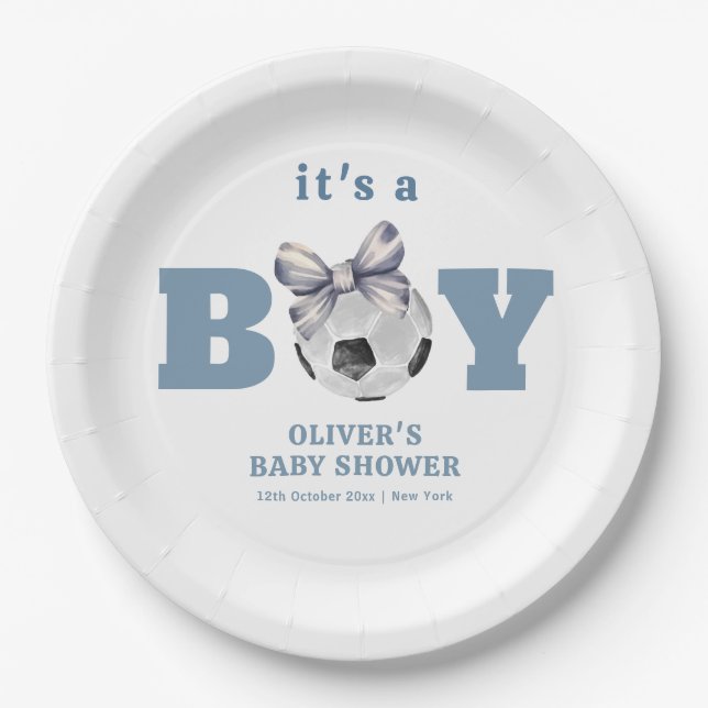 Navy Blue Bow Soccer Sport Boy Baby Shower  Paper Plate (Front)