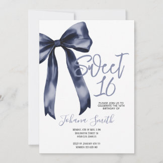 Navy Blue Bow Sweet Sixteen Girl Birthday Party Invitation