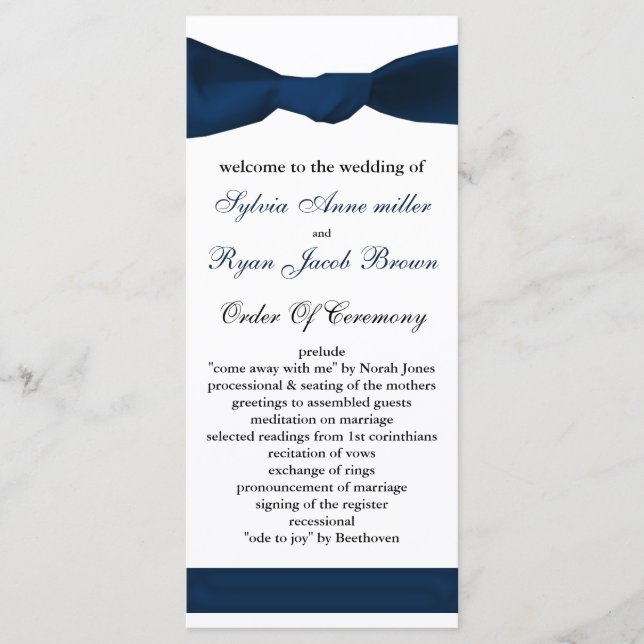 navy blue bow Wedding program Programme (Front)