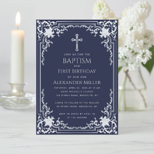 Navy Blue Boy Baptism First Birthday Vintage Cross Invitation