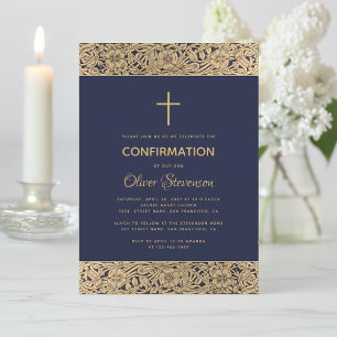 Navy Blue Boy Confirmation Floral Gold Roses Cross Invitation