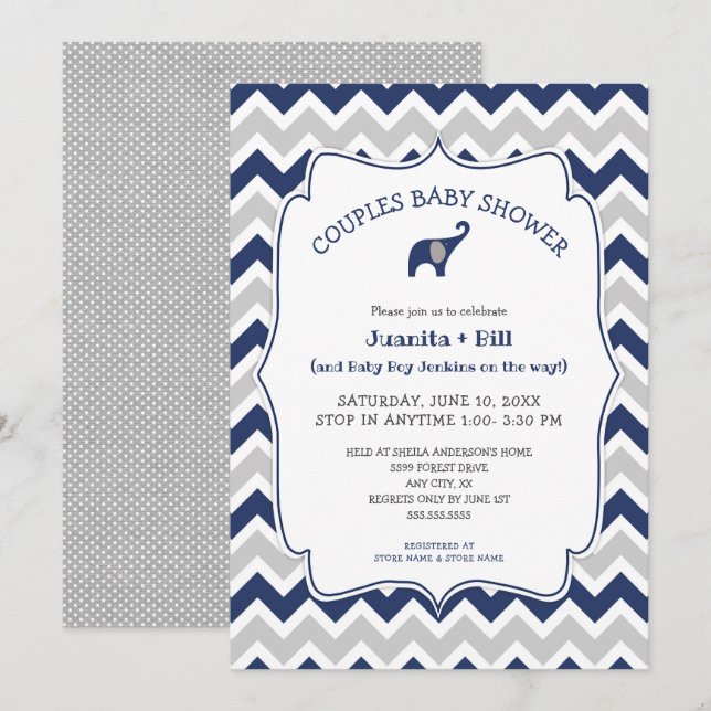 Navy blue boy elephant couples baby shower invitation (Front/Back)