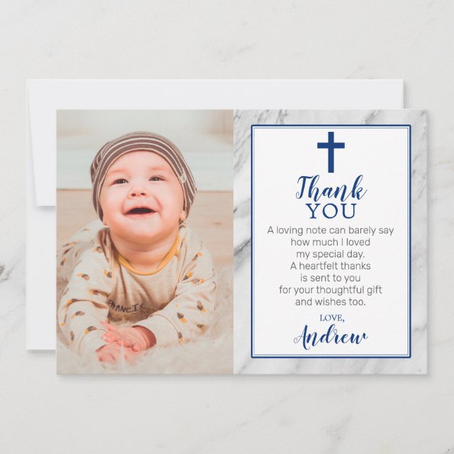 Navy Blue Boy Marble Baptism Photo Thank You Card (Front)
