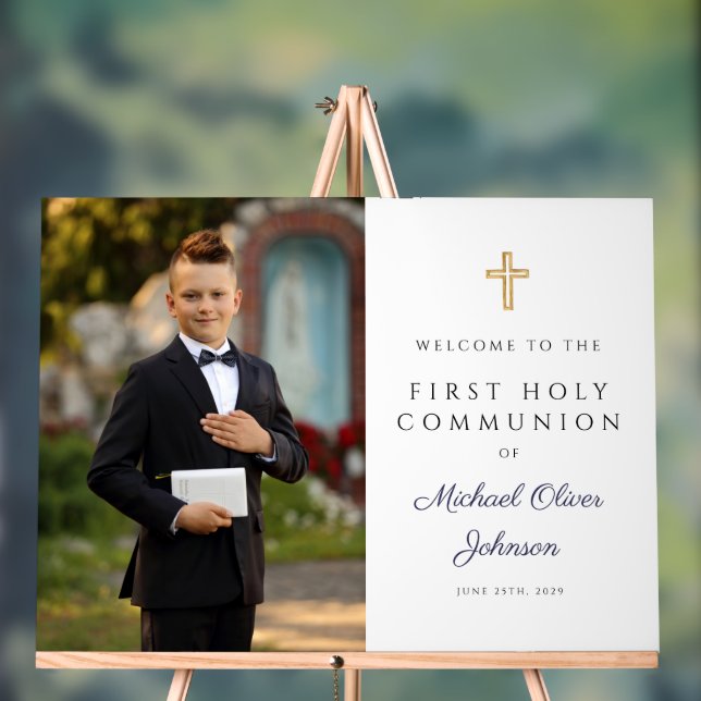 Navy Blue Boy Photo First Communion Welcome Acrylic Sign (Neutral)