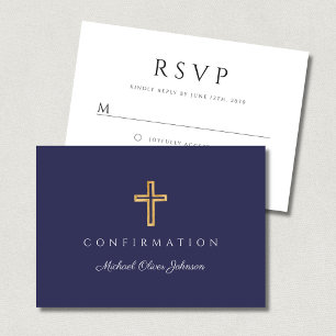 Navy Blue Boy Religious Cross Confirmation RSVP Card