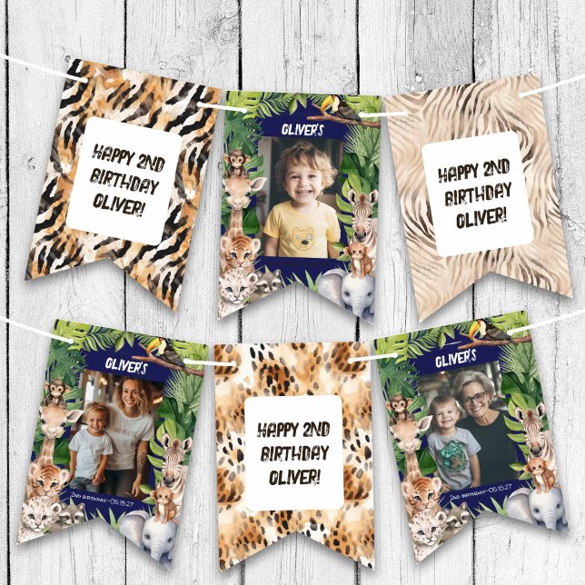 Navy Blue Boy Safari Jungle Photo Birthday Bunting (Navy Blue Safari Animals Themed Any Age BIrthday Photo Bunting flags.)