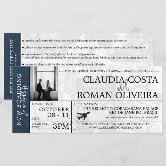 Navy Blue Brazil Wedding Boarding Pass Invitation (Front/Back)