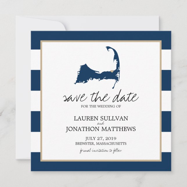 Navy Blue BREWSTER Cape Cod Map Save the Date (Front)