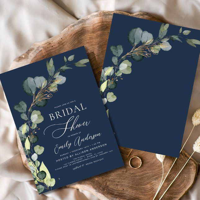 Navy Blue Bridal Shower Greenery Eucalyptus Invitation (Creator Uploaded)