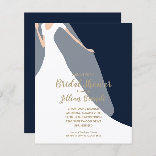 Navy Blue Bridal Shower Invitations Dress and Veil (Front/Back)