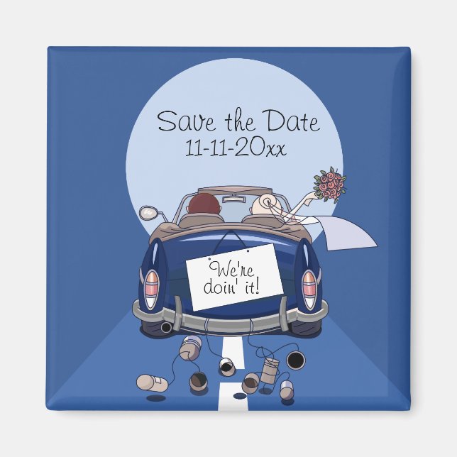 Navy Blue Bride & Groom Getaway Car Save the Date Magnet (Front)