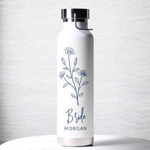 Navy Blue Bride Hand Floral Bachelorette Water Bottle