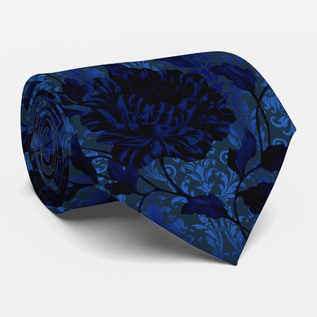 Navy Blue Bright Floral Damask Aristocrat Wedding Tie (Rolled)